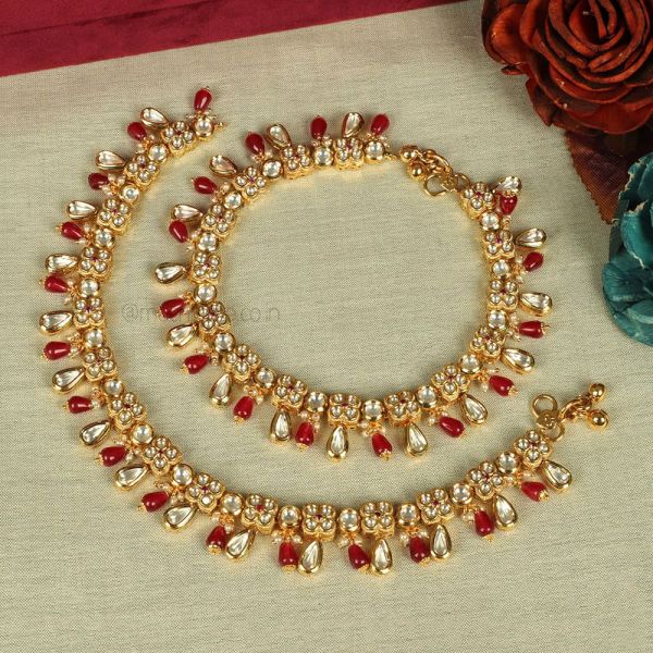 Gold Polish Flower Kundan With Ruby Anklets