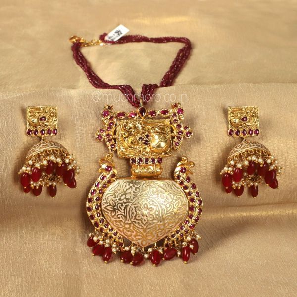 Ruby Traditional Pendant Set With Jhumka Earrings