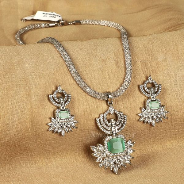 Silver With Mint Green Diamond Pendant Set