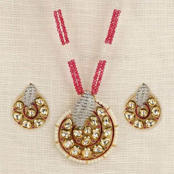 Kundan With Diamond Semi Long Pendant Set