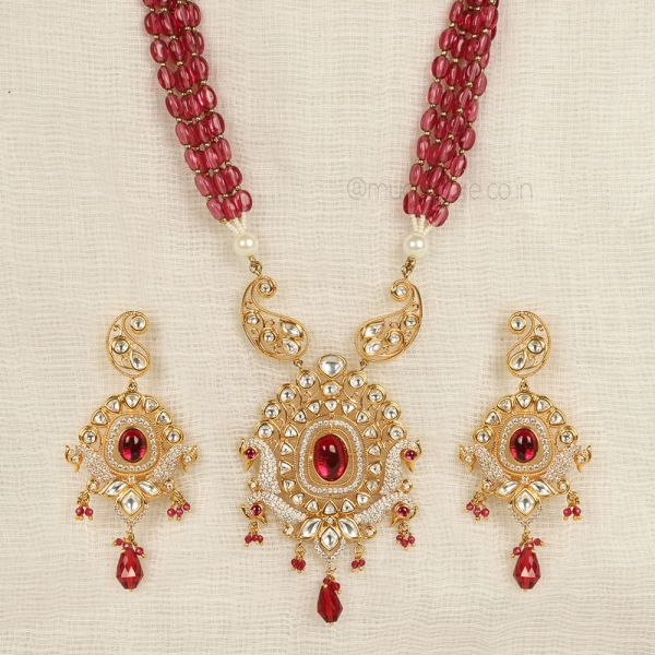Ruby Peacock Kundan Pendant Set With Beautiful Earrings