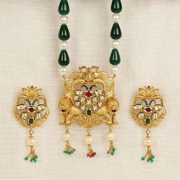 Ruby Green Lion And Gold Plated Pendant Set With Chain