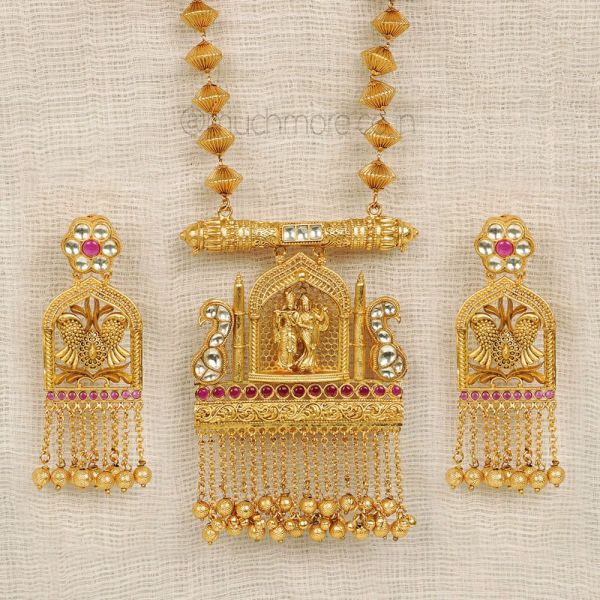 Temple Work Radha Krishna Pendant Set In Ruby