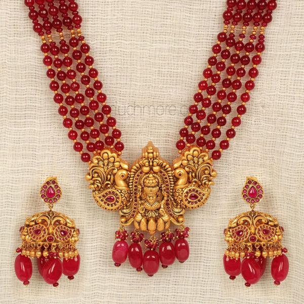 Ruby Drop Peacock With Temple Work Pendant Set