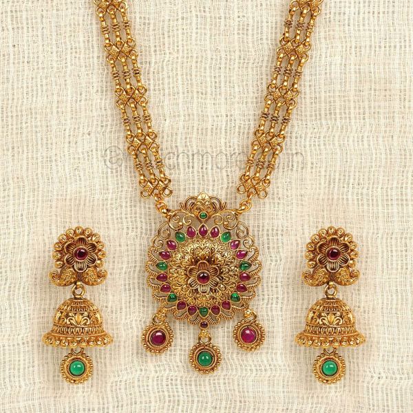 Ruby Green Traditional Long Round Shape Pendant Set