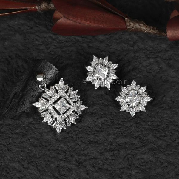 Baguette Silver Polish Round Diamond Pendant Set