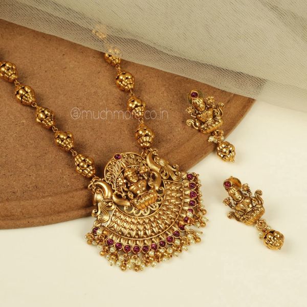 Temple Work Gold Plated Traditional Ruby Pendant Sets