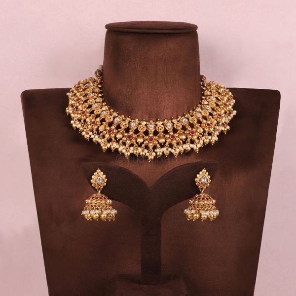 Ruby Pearl Kundan Work Traditional Necklace With jhumkas