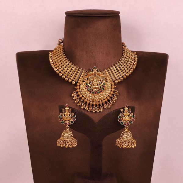 Gold Plated Maa Laxmi Temple Work Necklace With Jhumki