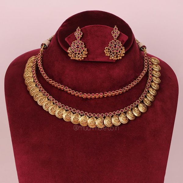 Ruby Layerd Temple Work Necklace With Earrings