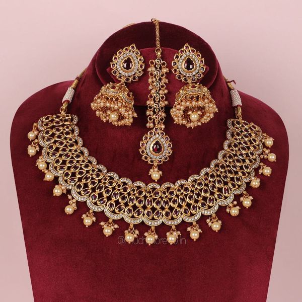Gold Plated Traditional Ruby Necklace With Earrings Tikka