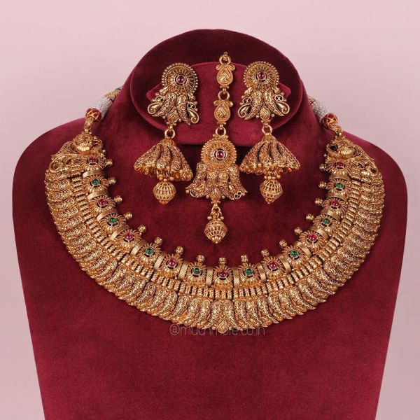 Gold Plated Traditional Ruby Green Necklace With Earrings Tikka