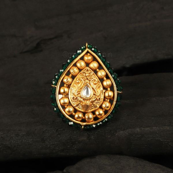 Emerald Green Beads Gold Polish Ring