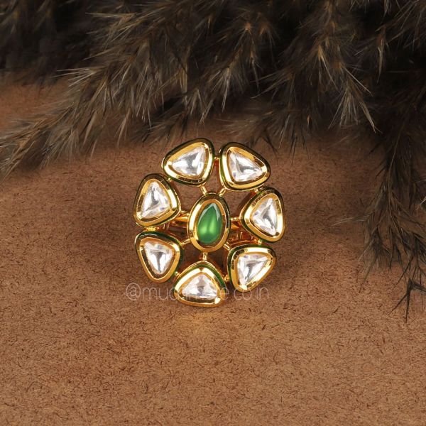 Kundan Small Size Emerald Green Ring For Women