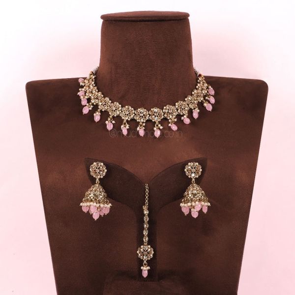 Light Necklace In baby Pink Color With Jhumkas