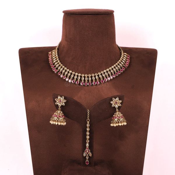 Ruby Light Necklace Set With Earrings And Maang Tikka