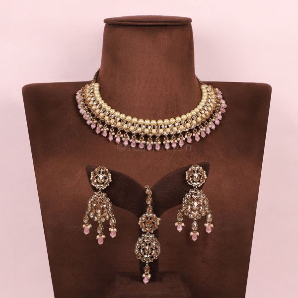 For Brides Baby Pink Drop Necklace With Earrings And Maang Tikka