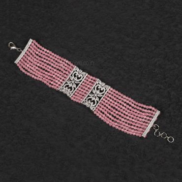 Hand Beaded Silver Polish AD Stylish Women Pink Bracelet