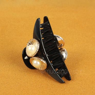 Women Black & Gold Shell Pearl Claw Clip