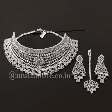  Stylish Wedding Silver Choker Bridal Necklace Set With Tikka