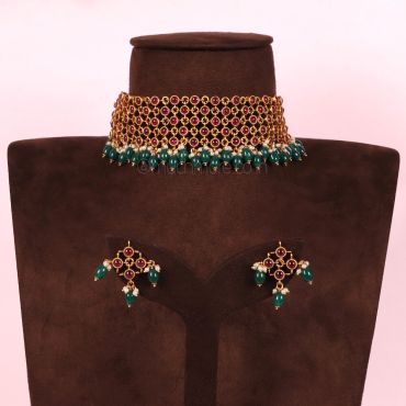 Ruby Gold Tone Temple Work Necklace And Earrings With Emeralds