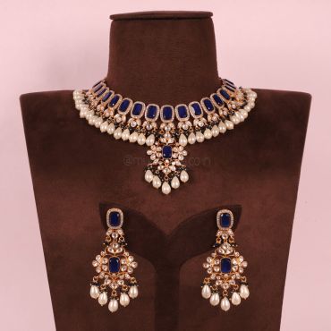 Sapphire Blue Kundan CHoker Set With Earrings