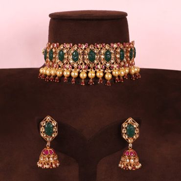 Emerald Green And Ruby Hyderabadi Choker Necklace Set