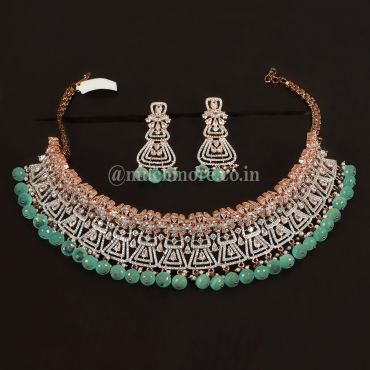 Green Studded Set In Rose Gold Polish Necklace With Earring 