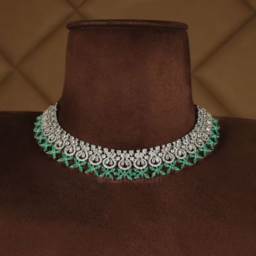 Silver Plated Emerald Studded Diamond Necklace With Earrings