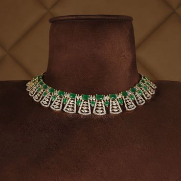 Gold Plated Emerald Sleek Diamond Necklace With Earrings