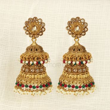 Gold Polished Emerald Green Double Layer Jhumka 
