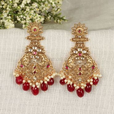 Gold Plated Ruby Kundan Over Sized Earrings