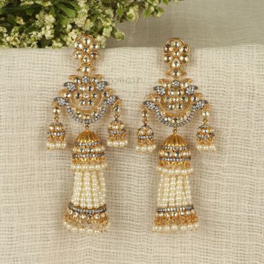 Unique Designe Gold Polish Kundan With AD pearl Earrings