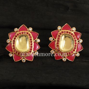 Gold Tone Ruby Polki Earrings With Zircon