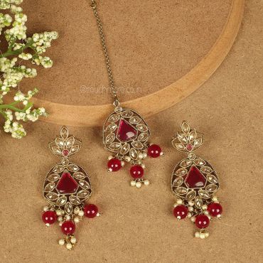 Ruby Color Earrings With Maang Tikka Jewellery Set
