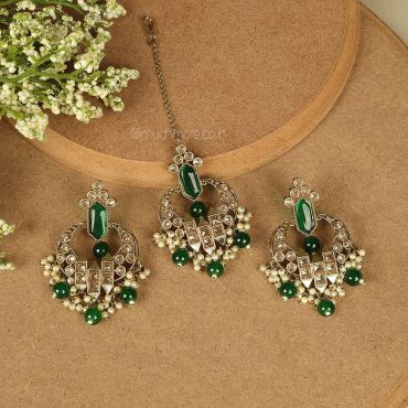 Traditional Dul Gold Polish Green Earrings With Tikka