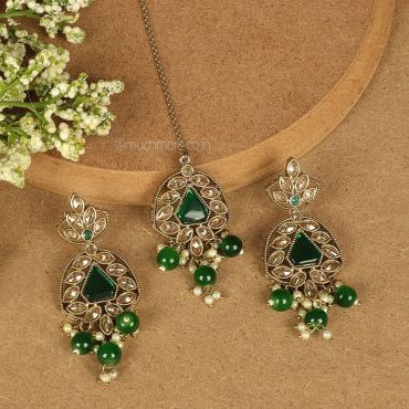 Emerald Green Gold Tone Earrings With Tikka