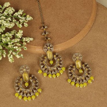 Traditional Yellow Drop Earrings With Tikka by Much More