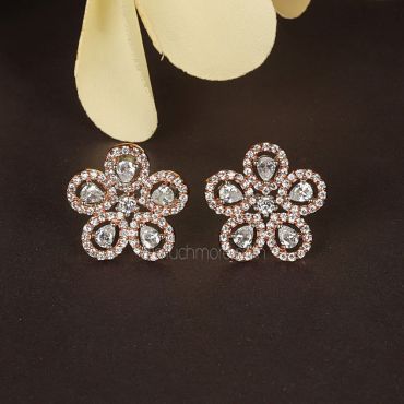Diamond With Rose Polish Flower Earrings