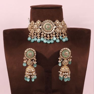 Exclusive Mint Green Choker Necklace With Big Jhumkas