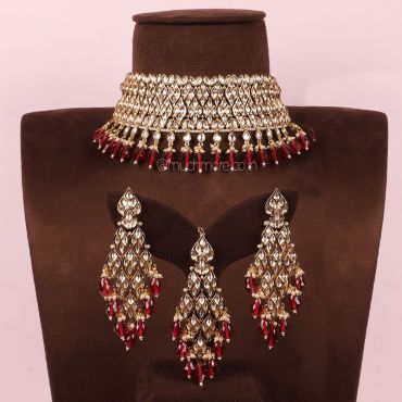 Classic Gold Polish Ruby Choker Necklace With Big Earrings