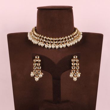 Gold Plated Round Kundan With Pearl Necklace Set