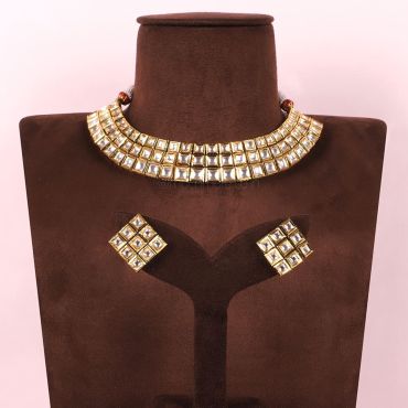 Classic Gold Tone White Kundan Necklace With Tops
