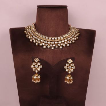 Gold Polish Kundan Necklace With Jhumka Earrings
