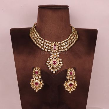 Ruby Gold Plated Kundan With Diamonds Necklace Set