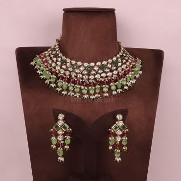 Semi Precious Drop Statement Kundan Necklace Jewellery Set