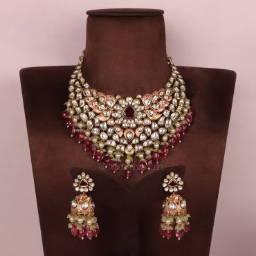 Gold Polish Designer Kundan Drops Necklace With Jhumkas