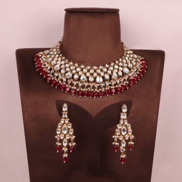 Ruby With Green Bead Work Kundan Necklace Jewellery Set