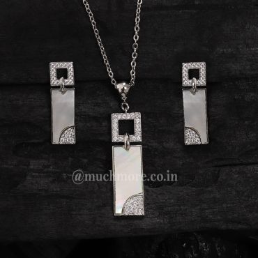 Trendy And Chic Silver AD Pendant Set With Chain Mother Of Pearl Pendant