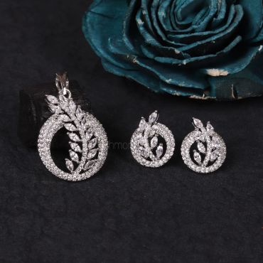 Silver Polish Diamond Pendant Set With Earrings